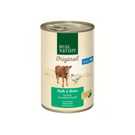 Real Nature Junior teletina in piščanec z raco in krompirjem 400g konzerva
