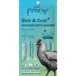 Pramy priboljšek za mačke Skin&Coat iz piščanca s škampi 4x14 g