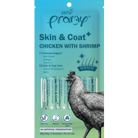 Pramy priboljšek za mačke Skin&Coat iz piščanca s škampi 4x14 g